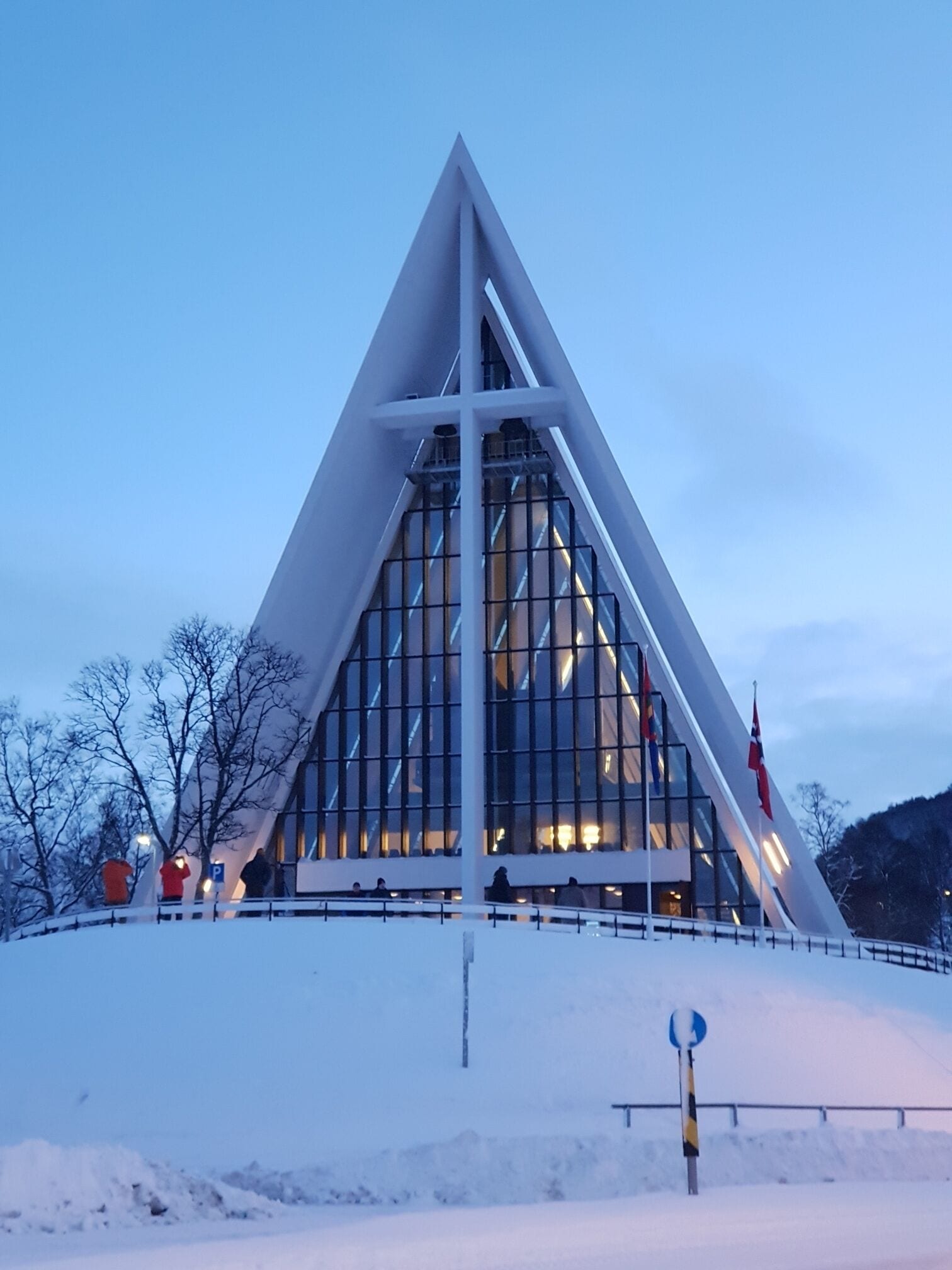 A modern architectural building with a triangular design, large windows, and a flag on top.