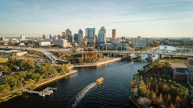 Un paisaje urbano con un río, puentes y edificios altos.