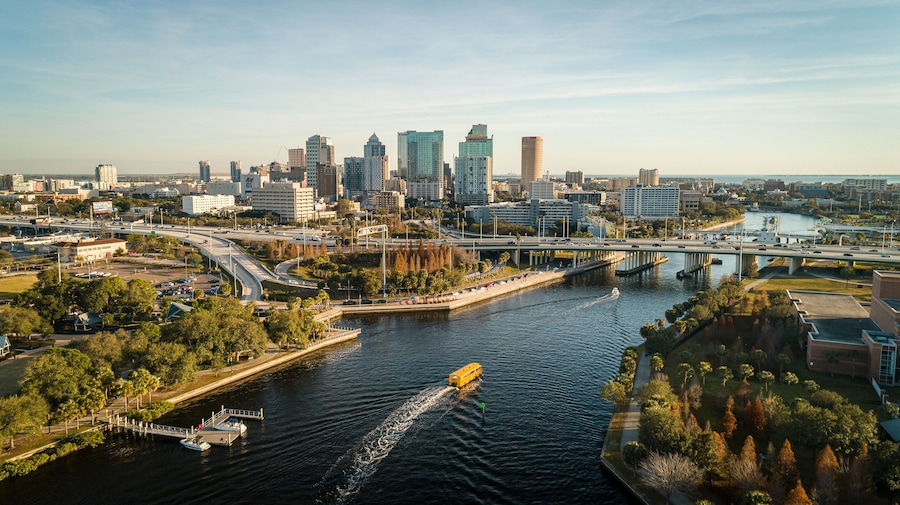 Tampa, FL USA - 1-20-2021: Grandious aerial view over the Hillsborough river leading to downtown Tampa.