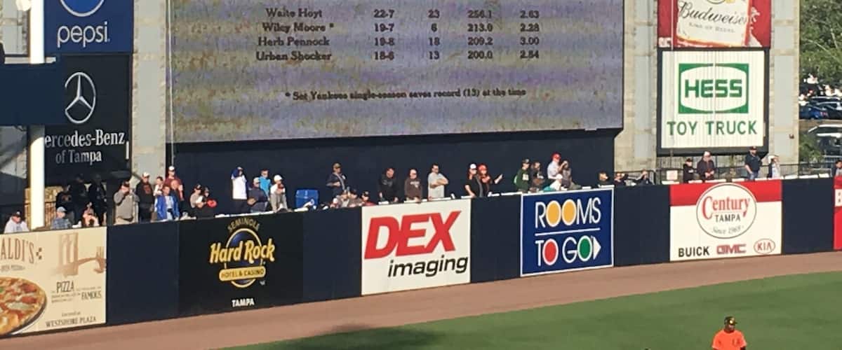 Traveled up to Tampa to watch the Yankees play a Spring Training game against the Baltimore Oreos. Cool windy evening with balmy 64 degrees in southwest Florida. Beautiful well manicured ball park.