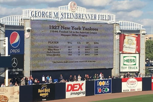 Traveled up to Tampa to watch the Yankees play a Spring Training game against the Baltimore Oreos. Cool windy evening with balmy 64 degrees in southwest Florida. Beautiful well manicured ball park.