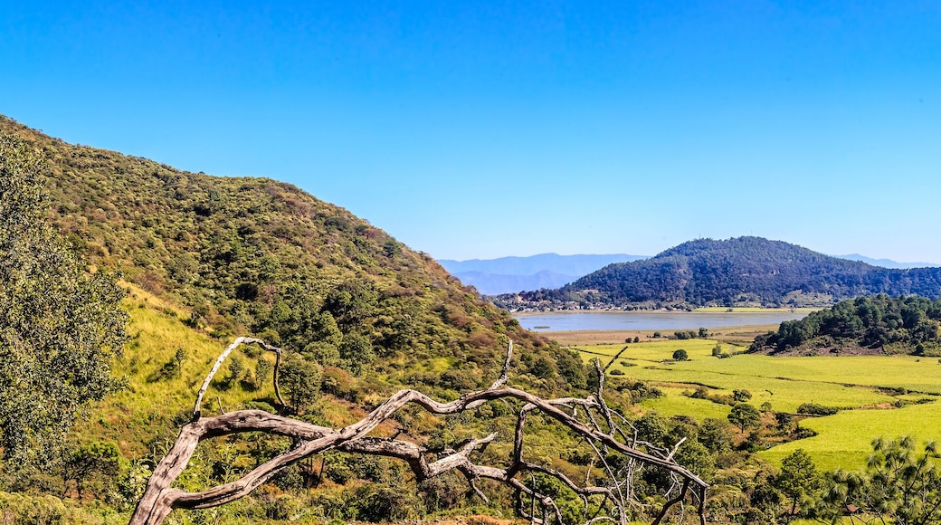panoramic of the Tepetiltic volcano crater in Nayarit, mountains and green fields with mountains in the background