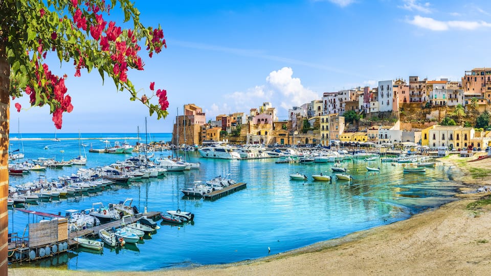 A coastal town with a marina filled with boats, historic buildings, and a clear blue sky.