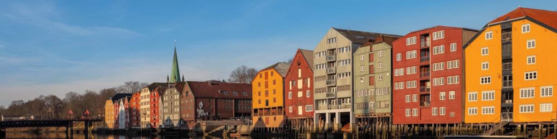 Trondheim is a city on the Trondheim Fjord, in central Norway. This is a beautiful location near the Bakke Bru Bridge overlooking and old part of town with building built on wooden stilts.