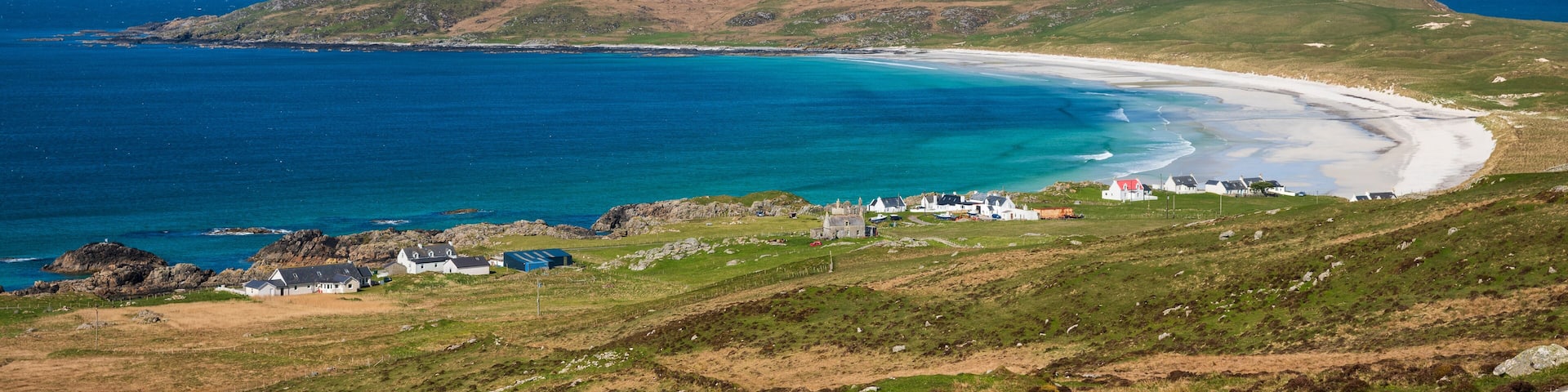 View from Carnan Mor, Ben Hynish, looking towards Balephuil Bay, Isle of Tiree, Inner Hebrides, Scotland
