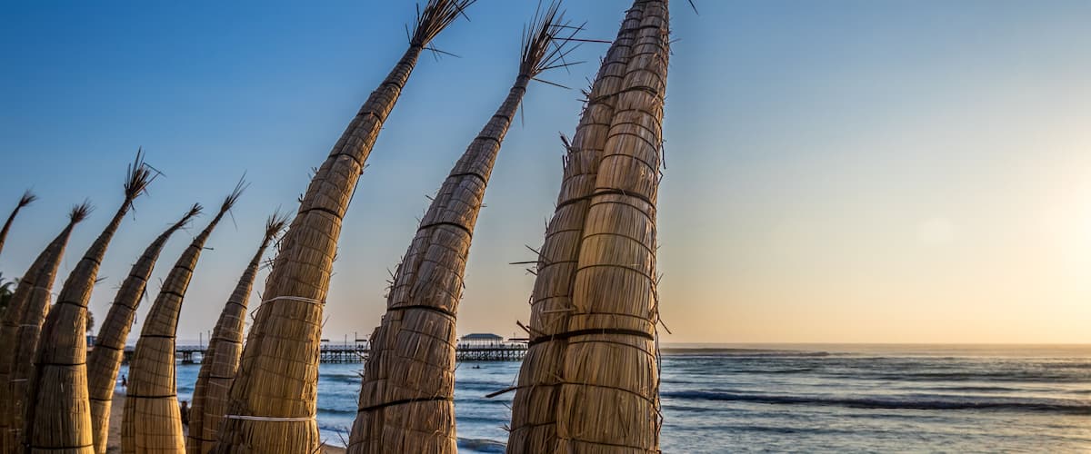 A beach with tall, bundled palm fronds and a pier in the background.