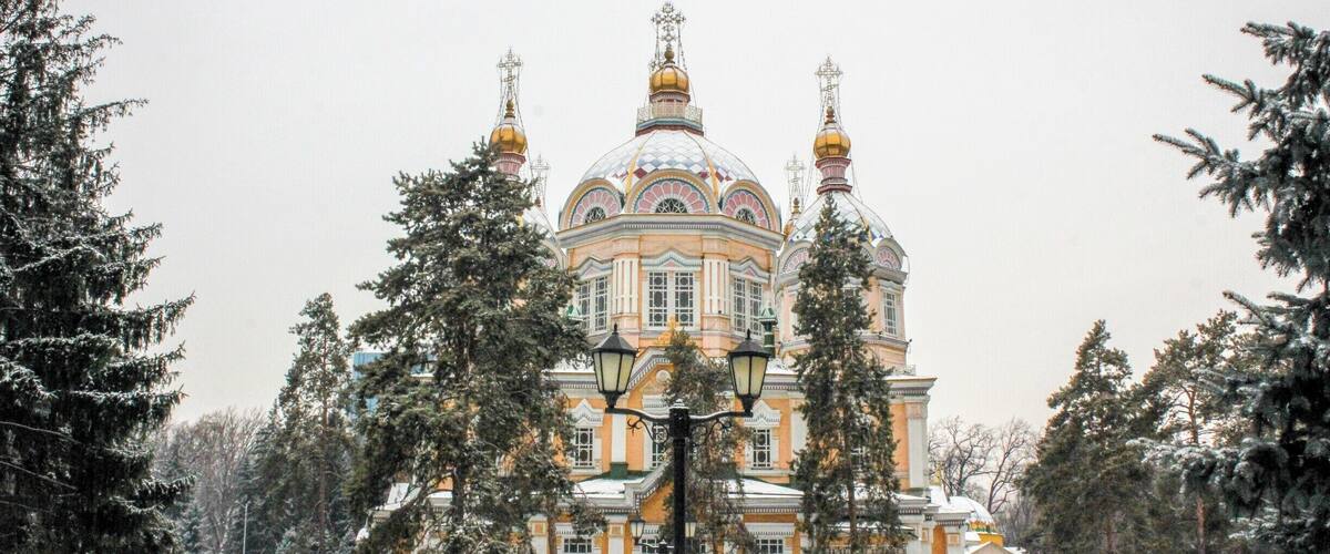Almaty is a frozen land in the winter. This cathedral is one of the main sites in the center of the city.
