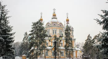Almaty is a frozen land in the winter. This cathedral is one of the main sites in the center of the city.