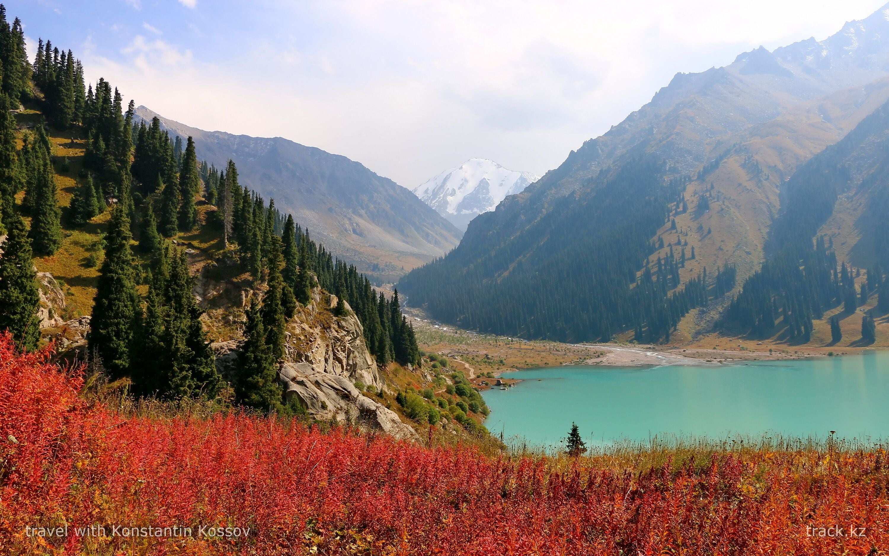 Big Almaty lake.        Duration 1 day
     It is located 18 km from the city of Almaty and it gives an excellent opportunity to see a beautiful mountain gorge in one day. Take a walk along the path among the coniferous forest through three mountain glades and drive up to the height of the glaciers to 3300m. above sea level.
The walk takes about 2 hours.
    Undoubtedly, Lake Big Almaty is very beautiful, but only if you are lucky to see the high water level and the color of the lake will not change because of precipitation or water flows. Plus at the end of the program you can visit a unique show of hunting birds, which is held in the same gorge.