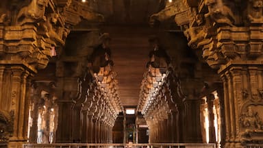 Beautiful View of Pradakshina Hall with Carved Pillars, Sri Rangnatha Swamy Temple, worlds Largest Hindu Living Temple, Srirangam, Tiruchirappalli, Tamil Nadu, India.