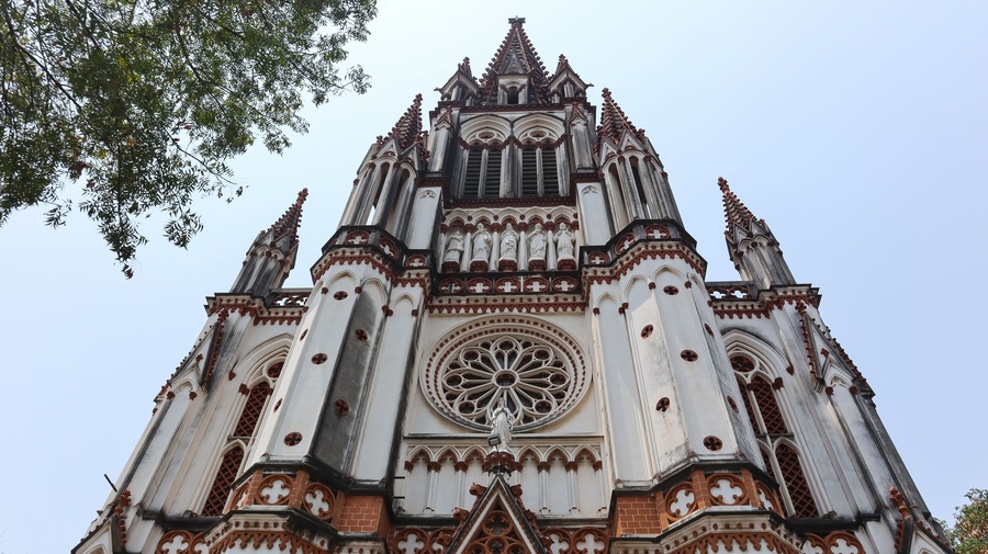 Facade of the Our Lady of Lourdes Church in Trichy, Tamil Nadu, India