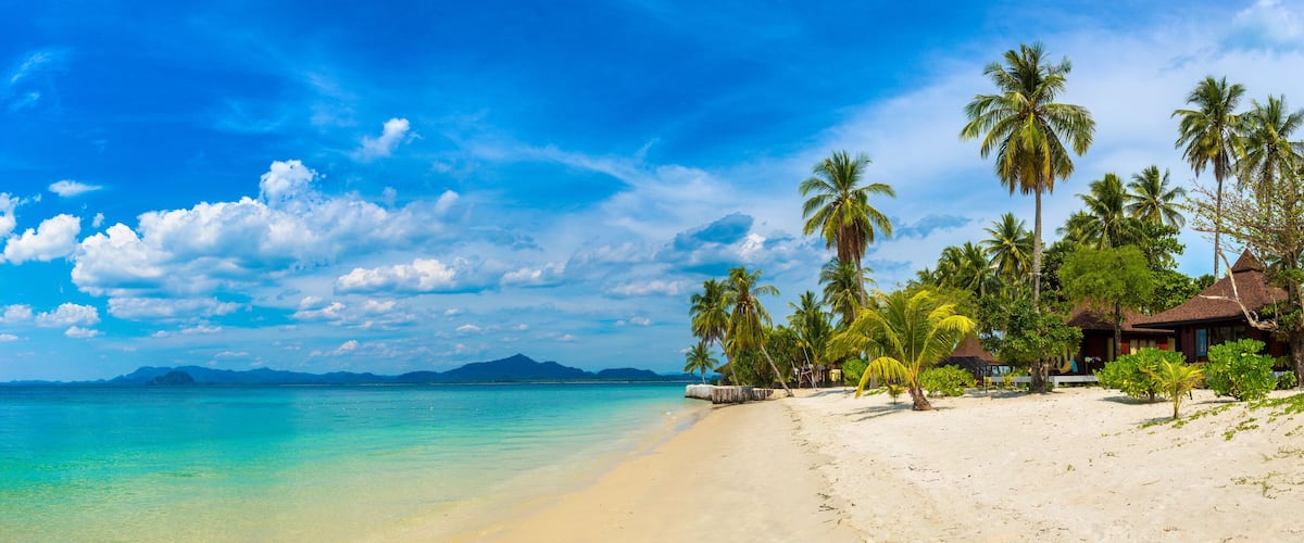 A beach with clear turquoise water, palm trees, and a small hut.