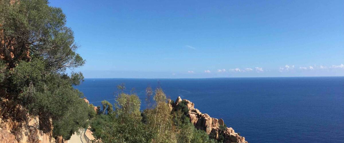 A coastal road with rocky cliffs and trees, leading to the sea.