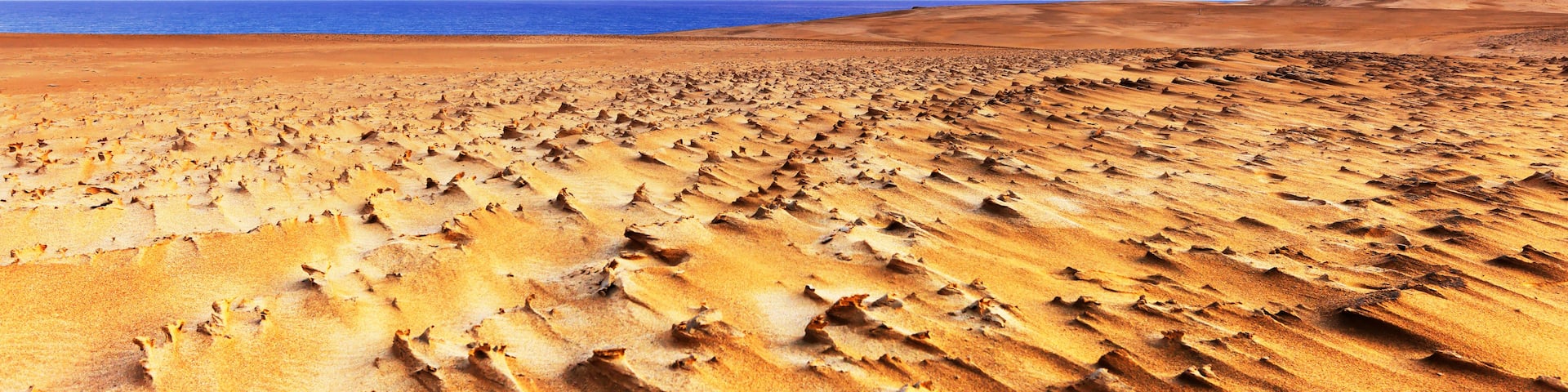 A vast desert landscape with rippled sand dunes under a colorful sky.