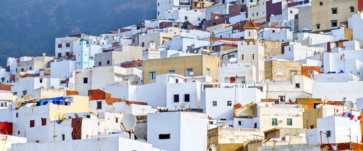 White houses on the mountain slope in royal town Tetouan near Tangier, Morocco