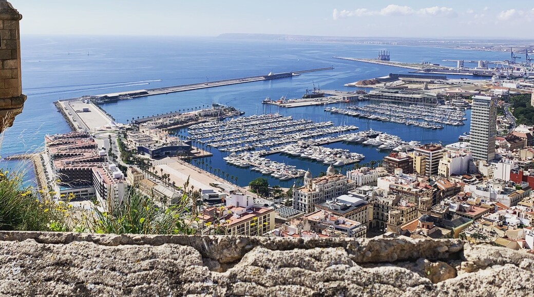 A stunning view from the Santa Barbara castle in Alicante, Spain . The first serious fortifications on the top of the hill were built by the Romans .