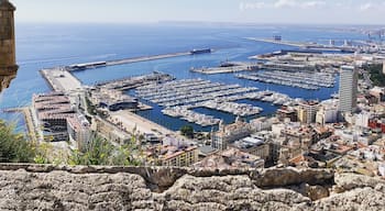 A stunning view from the Santa Barbara castle in Alicante, Spain . The first serious fortifications on the top of the hill were built by the Romans .