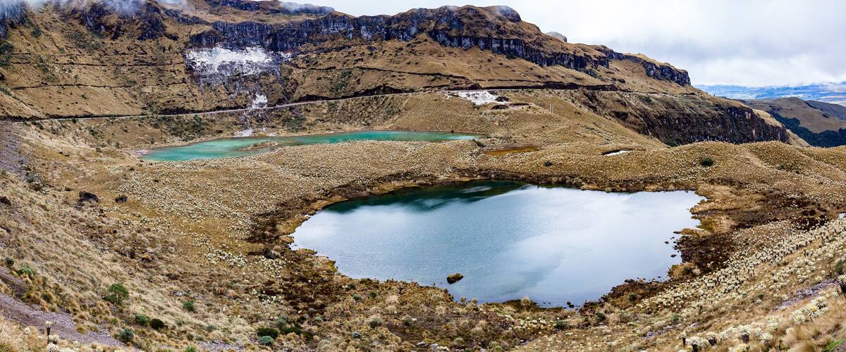 Green lagoons at the foot of the Chiles volcano, Andean páramo with frailejones in Tulcan, Carchi province