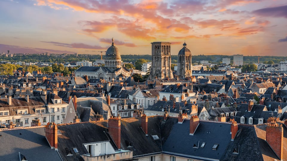 Aerial cityscape view of Tours City in the Loire Valley in sunset light in France
