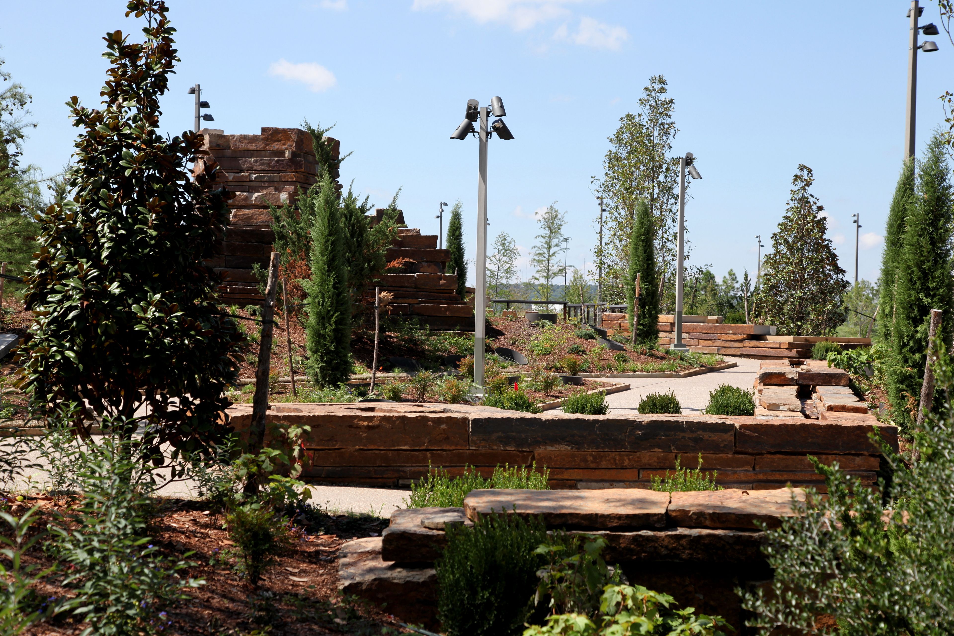 A landscaped garden with stone steps, various shrubs, and trees.