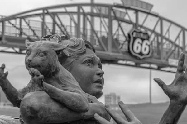 Route 66 - Tulsa, OK: East Meets West sculpture at Avery Centennial Plaza dedicated in 2012.