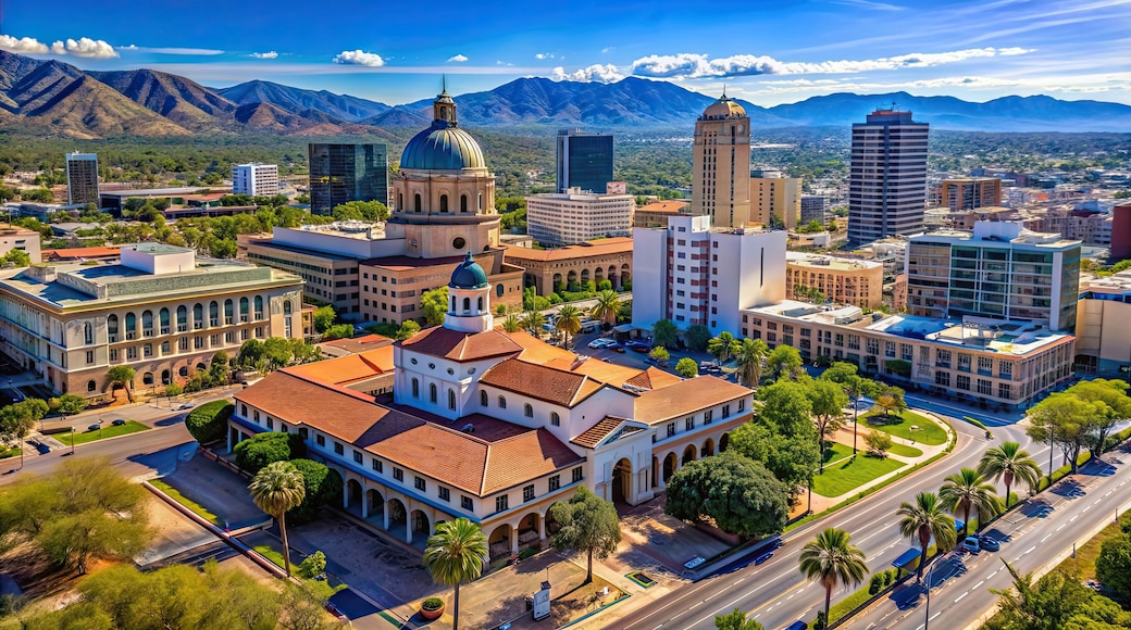 Aerial view of Tucson cityscape with Old Pima County Courthouse in the foreground, Tucson, Arizona