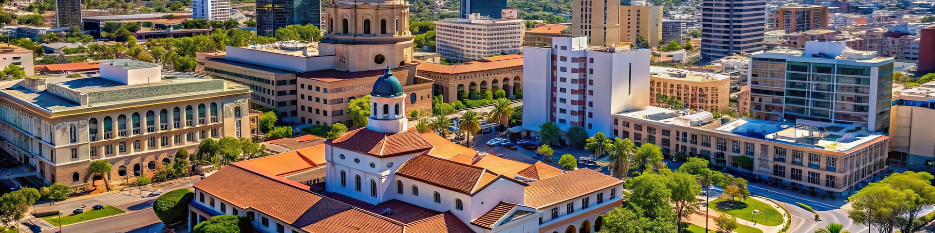 Aerial view of Tucson cityscape with Old Pima County Courthouse in the foreground, Tucson, Arizona