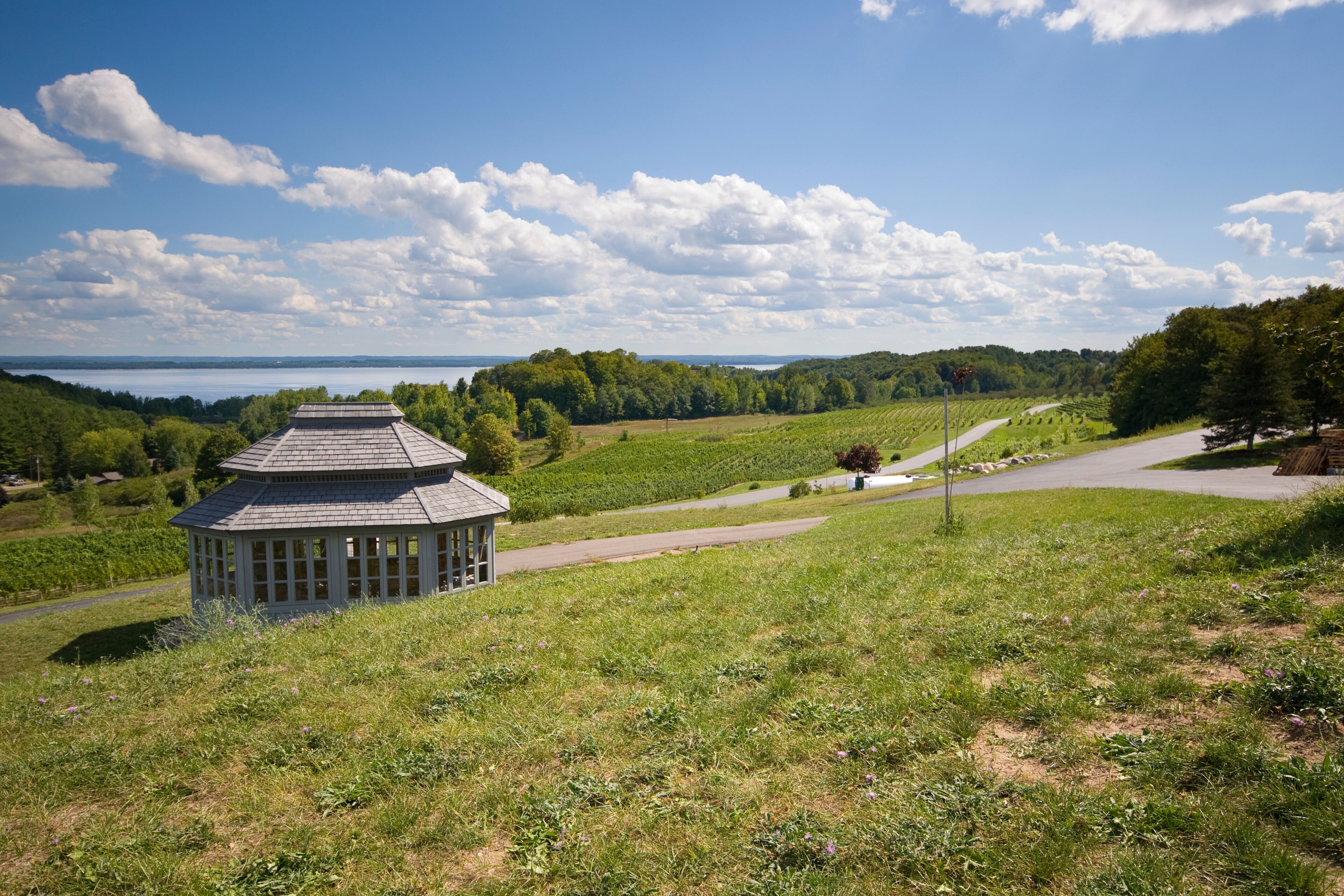 A gazebo in a grassy field with a lake and trees in the background.