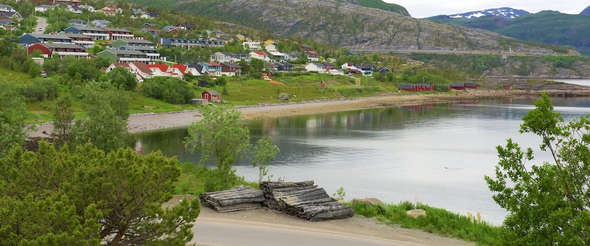 A lakeside village with houses, a road, and mountains in the background.