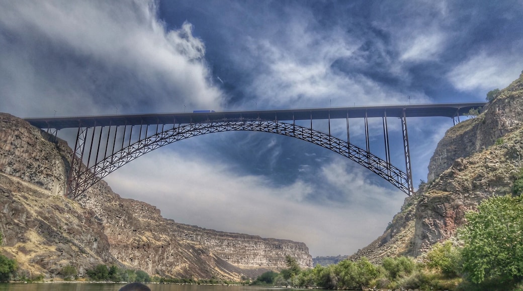One of my favorite bridges anywhere. This is a view form the Perrine Bridge in Twin Falls, ID. Daily you can see base jumpers walking to the middle of the bridge, climb on the side and jump off to land safely below, all while you canoe underneath on the Snake River. There is even a walkway that covers the whole length of the bridge with beautiful views as long as youâre not afraid of heights!