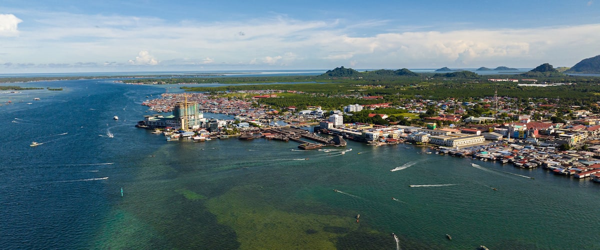 Aerial drone of Semporna, on the southeastern coast of the state of Sabah in Malaysia, is a county in the Tawau District.