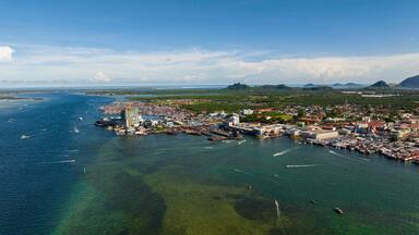 Aerial drone of Semporna, on the southeastern coast of the state of Sabah in Malaysia, is a county in the Tawau District.