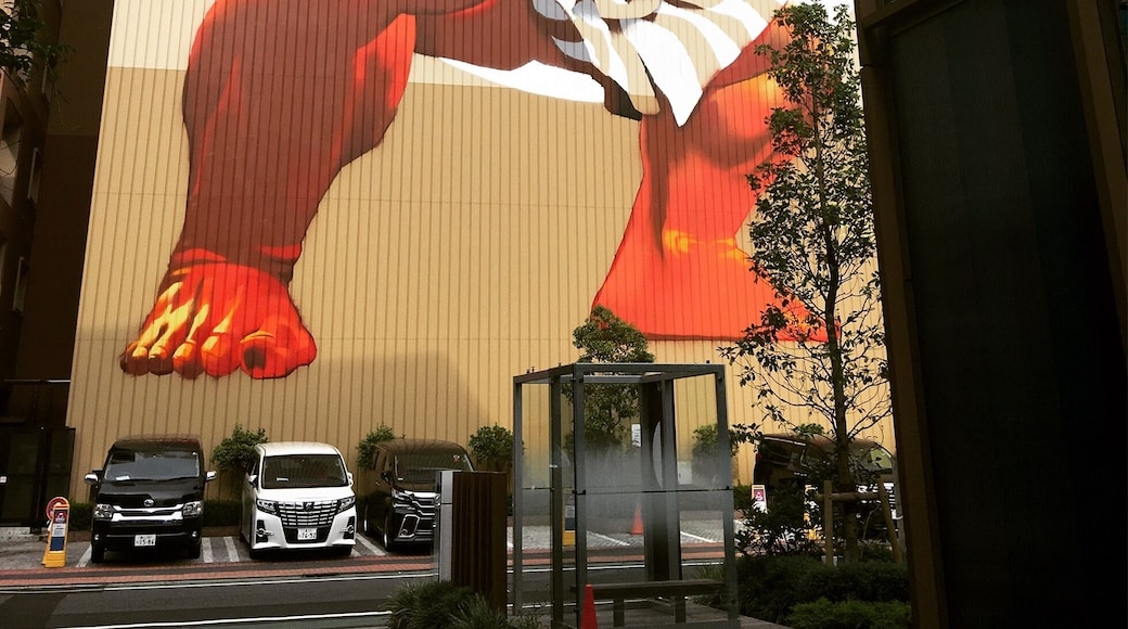 Giant mural of Honda from Street Fighter in Tennozu Isle in Tokyo. This location is definitely off the beaten path in Tokyo. The mural was painted as part of Pow Wow Japan, a street art festival.