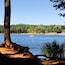 A lake with a boat, surrounded by trees and a sandy shore.