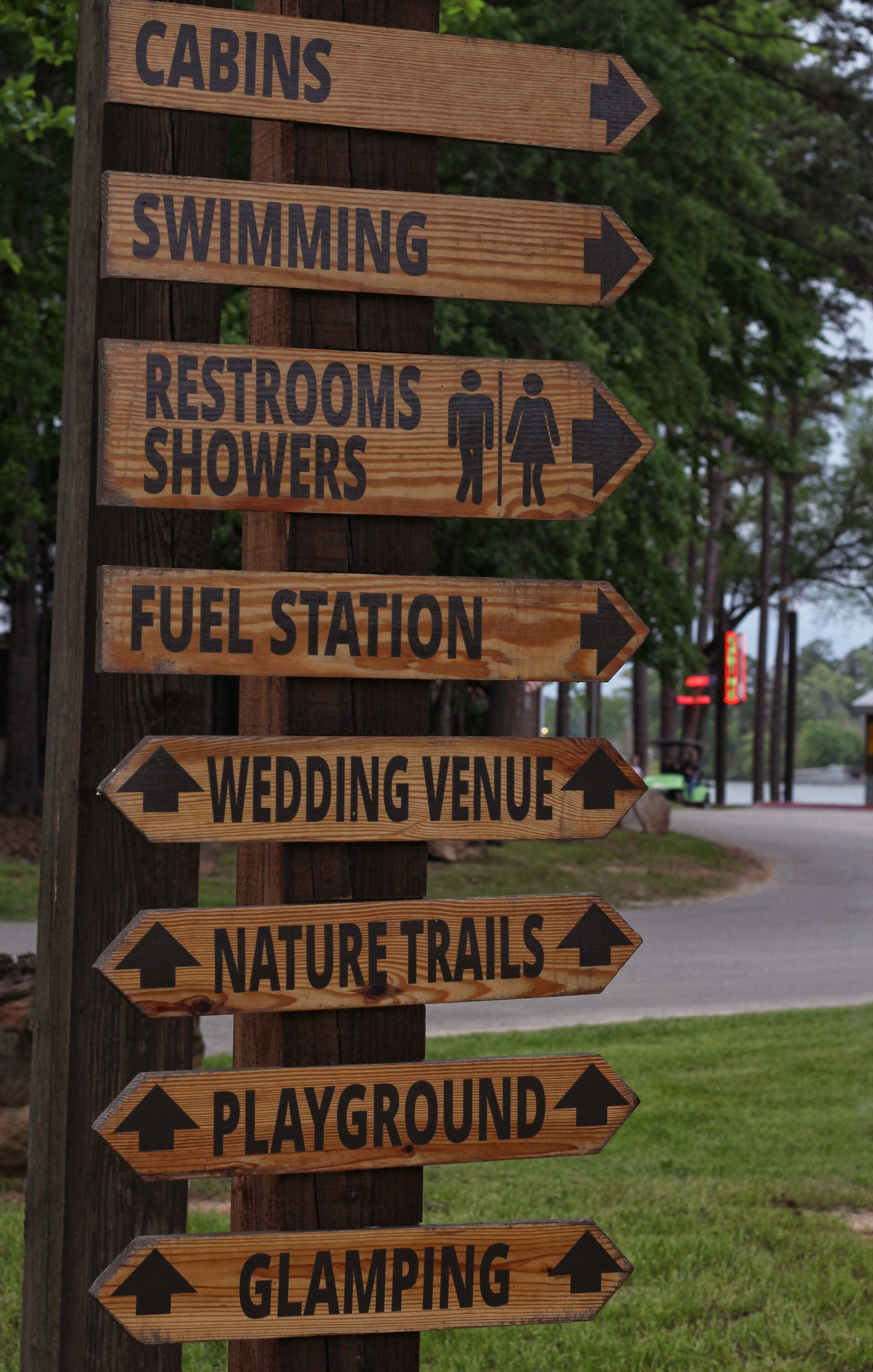 Signpost pointing to different areas of the public Lake area on Lake Tyler in Rural East Texas