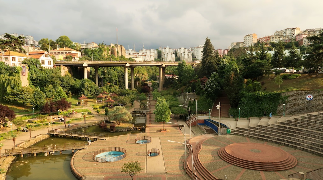 A park with a bridge, a pool, and a staircase.