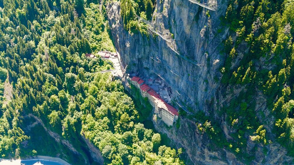 Altindere, Trabzon Province, Turkey. Sumela Monastery. Altindere Valley Park. Coniferous forest on the slopes, Aerial View