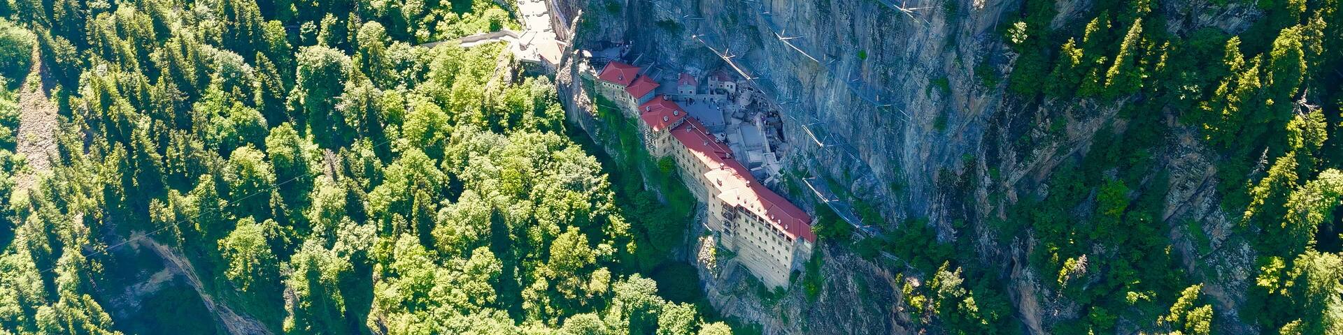 Altindere, Trabzon Province, Turkey. Sumela Monastery. Altindere Valley Park. Coniferous forest on the slopes, Aerial View