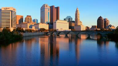 Scioto River and Columbus Ohio skyline, with setting sunlight
