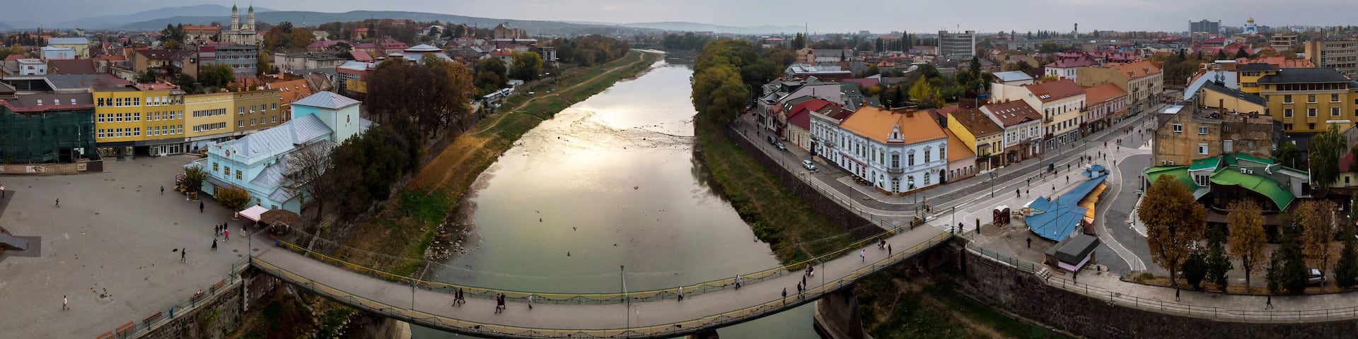 It is possible to see the old part of the European city Uzhgorod in Transcarpathia Ukraine aerial view near the Uzh river