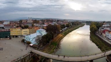 It is possible to see the old part of the European city Uzhgorod in Transcarpathia Ukraine aerial view near the Uzh river