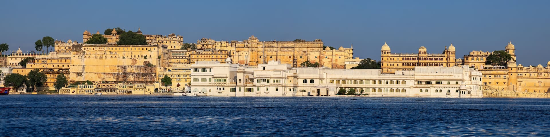 Panoramic view of City palace in heritage city of Udaipur in Rajasthan, India