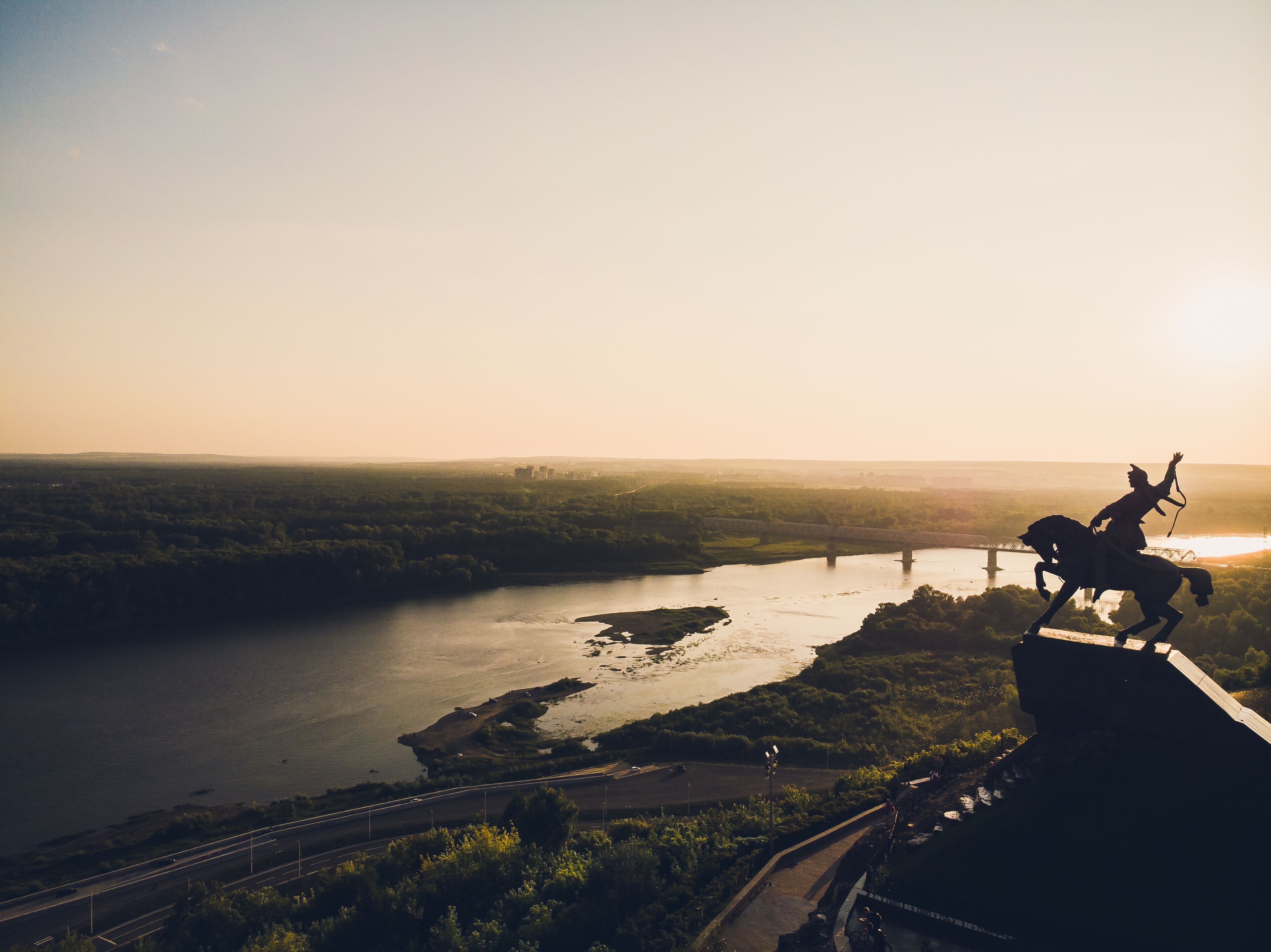 Monument to Salavat Yulayev, Ufa, Bashkortostan, Russia sunset, bird's eye view