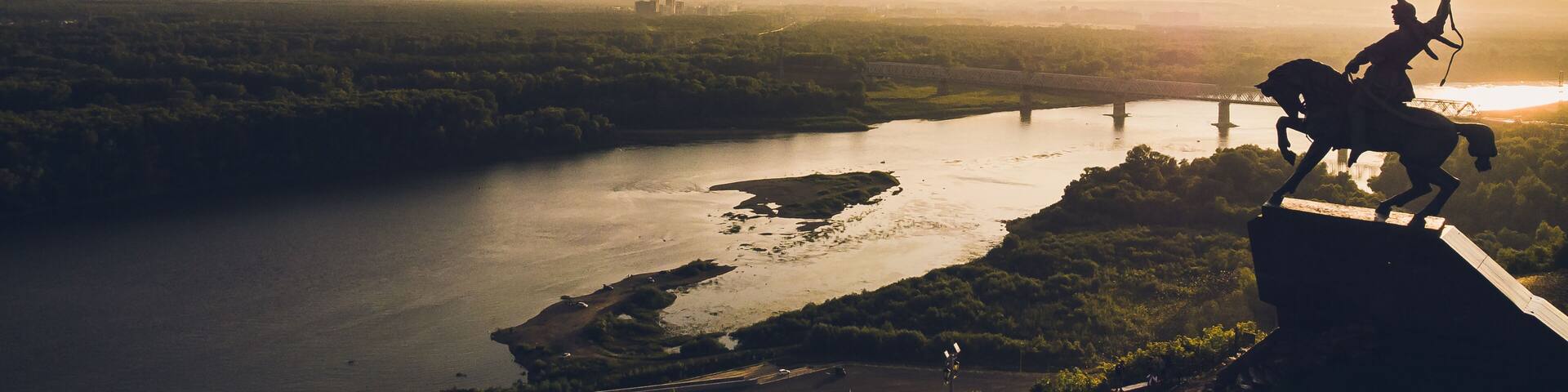 Monument to Salavat Yulayev, Ufa, Bashkortostan, Russia sunset, bird's eye view