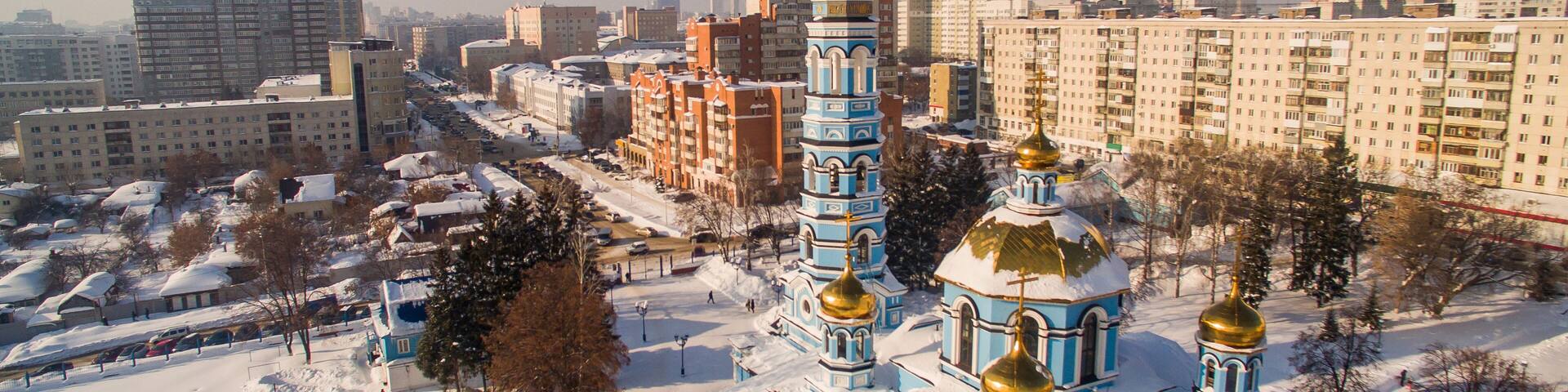 Aerial view of Church Nativity Blessed Virgin Russia Ufa 17 february 2017