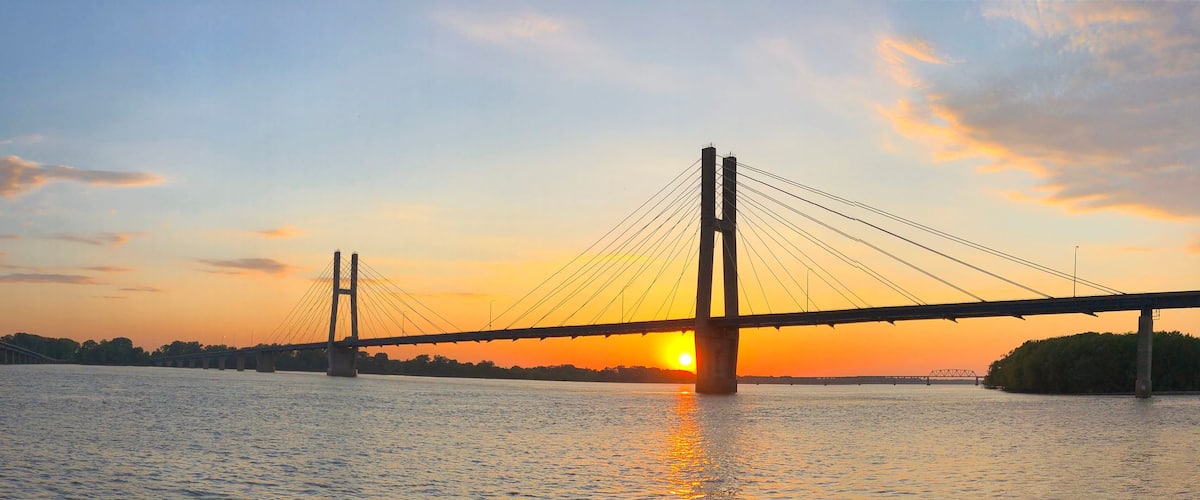 Sunset Behind the Bayview Bridge on the Mississippi River, Quincy Illinois, USA.