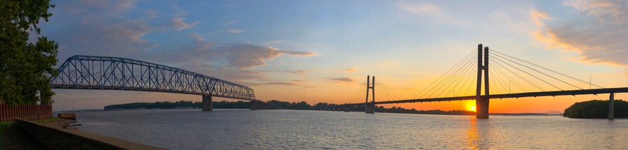 Sunset Behind the Bayview Bridge on the Mississippi River, Quincy Illinois, USA.