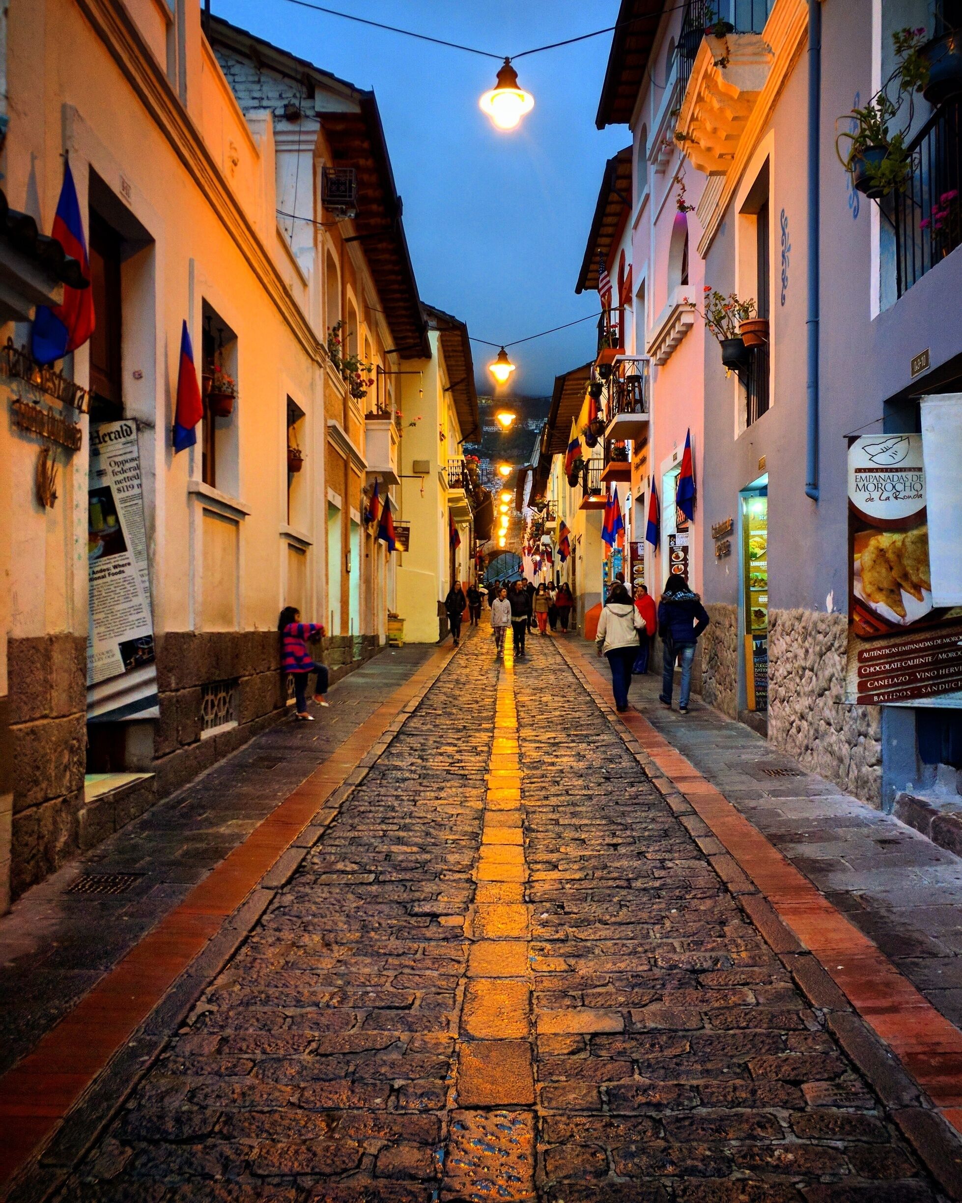 Una calle adoquinada bordeada de edificios, banderas y plantas colgantes.