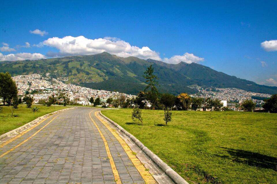 A paved road curving through a grassy area with a city in the background and mountains in the distance.