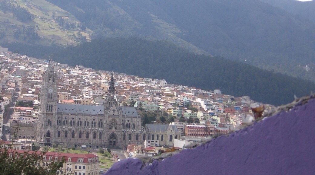 Boken glass on the purple wall, then the main basilica of Quito and the mnt. in the background has the teleferico. Great park in the historic district with great views.